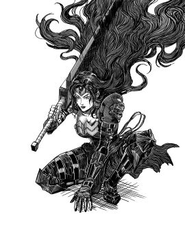 1girl absolute_dc absolute_wonder_woman absurdres armor berserk berserker_armor commentary dc_comics english_commentary highres holding holding_sword holding_weapon huge_weapon lasso lasso_of_truth monochrome solo sword tiara weapon wonder_woman yanmanxplore