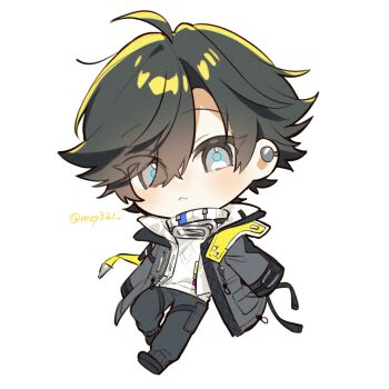 Rule 34 | 1boy, :<, arknights, arknights: endfield, black hair, black shoes, blue eyes, blush, chibi, chibi only, closed mouth, coat, commentary request, endministrator (arknights), full body, grey coat, grey pants, hair between eyes, highres, long sleeves, male endministrator (arknights), male focus, mtsk 0420, pants, parted bangs, shirt, shoes, short hair, simple background, solo, twitter username, white background, white shirt