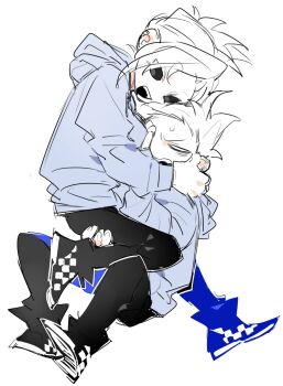 Rule 34 | 1boy, 1girl, animification, annoyed, bad id, bad twitter id, black pants, blue hoodie, carrying, carrying person, checkered shoes, commentary, dual persona, eddsworld, genderswap, genderswap (mtf), highres, hollow eyes, hood, hood down, hoodie, inactive account, long sleeves, nana (ebitokanimiso), open mouth, painttool sai (medium), pants, partially colored, short hair, simple background, sitting, sitting on person, sketch, symbol-only commentary, tamara (eddsworld), tom (eddsworld), topknot, white background