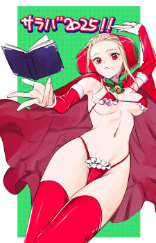 1girl absurdres blonde_hair book border bra bridal_gauntlets cape commentary_request detached_sleeves floating floating_book floating_object frilled_bra frilled_panties frills green_background highres ingrid_(capcom) lingerie panties red_bra red_cape red_eyes red_panties red_sleeves red_thighhighs solo street_fighter street_fighter_6 string_bra string_panties tetsu_(kimuchi) thighhighs translation_request underwear white_border