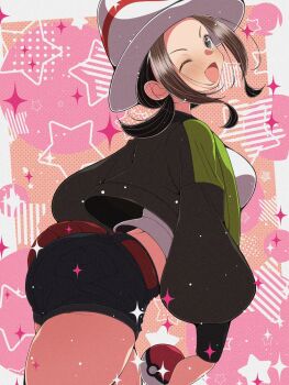 1girl ass breasts brown_eyes brown_hair commentary_request fujiwara_hiro_(kaede_ciao) green_jacket harmony_(pokemon) hat highres holding holding_poke_ball jacket long_sleeves nintendo one_eye_closed open_clothes open_jacket open_mouth poke_ball poke_ball_(basic) pokemon pokemon_legends:_z-a shirt short_hair shorts smile white_hat white_shirt