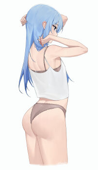 Rule 34 | 1girl, arms up, ass, blue eyes, blue hair, blue nails, bra, camisole, commentary, cowboy shot, facing to the side, grey bra, grey panties, highres, hololive, hoshimachi suisei, long hair, panties, raeis, simple background, solo, star (symbol), star in eye, symbol in eye, thighs, tying hair, underwear, virtual youtuber, white background, white camisole