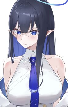 1girl absurdres bare_shoulders black_hair blue_archive blue_eyes blue_hair blue_necktie breasts closed_mouth colored_inner_hair glasses halo highres ilie_ilie long_hair multicolored_hair necktie pointy_ears rin_(blue_archive) shirt sleeveless sleeveless_shirt solo upper_body white_background white_shirt