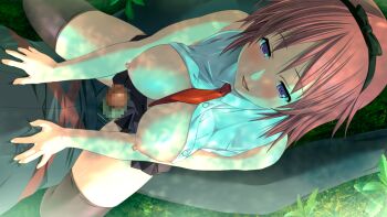 Rule 34 | 1boy, 1girl, black hairband, black skirt, black thighhighs, blush, breasts, chaos dominas, cowgirl position, from above, game cg, gilbert (chaos dominas), hairband, imminent penetration, large breasts, m&amp;m (mickey and mackey), necktie, norn kampany, open clothes, open mouth, open shirt, penis, red hair, red necktie, shirt, short hair, skirt, sleeveless, sleeveless shirt, smile, spread legs, straddling, thighhighs, white shirt