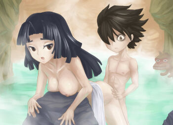 1boy 1girl bags_under_eyes bent_over black_hair breasts brown_eyes doggystyle hetero jiffic kisuke large_breasts long_hair mixed-sex_bathing monkey naked_towel nipples nude oboro_muramasa onsen rock sex sex_from_behind shared_bathing shota size_difference sketch standing steam torahime towel vaginal