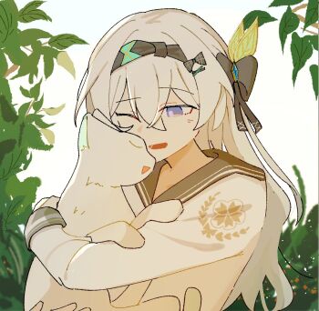 1girl animal beibc_eee black_hairband black_ribbon cat firefly_(honkai:_star_rail) firefly_(spring_missive)_(honkai:_star_rail) grey_hair grey_sailor_collar hair_between_eyes hair_ornament hairband hashtag-only_commentary highres holding holding_animal holding_cat honkai:_star_rail honkai_(series) long_hair long_sleeves multicolored_eyes one_eye_closed open_mouth purple_eyes ribbon sailor_collar school_uniform serafuku shirt two-tone_eyes white_shirt