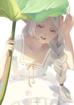 1girl absurdres braid breasts dress elf frieren green_eyes grey_hair hair_over_shoulder highres holding holding_leaf ikachyu leaf looking_at_viewer parted_bangs parted_lips pointy_ears single_braid small_breasts smile solo sousou_no_frieren upper_body white_background white_dress