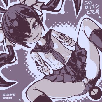 1girl ahoge alternate_costume backbeako_(torotei) backbeard blush commentary dated dated_commentary double_v dutch_angle gegege_no_kitarou hair_over_one_eye hair_ribbon kneehighs kono_lolicon_domome loli long_hair looking_at_viewer monochrome neckerchief one_eye_closed open_mouth original paid_reward_available panties pantyshot pleated_skirt pointy_ears ribbon sailor_collar sailor_shirt school_uniform shirt short_sleeves simple_background sitting skirt socks solo spread_legs torotei translated twintails underwear v watermark web_address