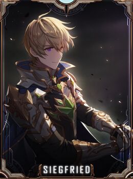 1boy armor artist_request black_background black_shirt blonde_hair blue_cape border cape commentary commentary_request english_commentary floating_hair gauntlets gem gold_trim green_gem hand_on_weapon highres king's_raid korean_commentary mixed-language_commentary official_art own_hands_together planted planted_sword planted_weapon purple_eyes second-party_source shirt short_hair shoulder_armor siegfried_(king's_raid) smile solo sword upper_body weapon white_armor wind