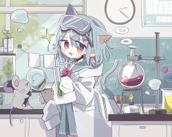 Rule 34 | 1girl, :d, animal ears, black choker, blue hair, blue sailor collar, blue skirt, blush, bow, bowtie, bunsen burner, cat ears, cat girl, cat tail, chalkboard, choker, clock, coat, counter, cowboy shot, day, ear piercing, ena 1510, fish hair ornament, flask, from side, goggles, goggles on head, hair between eyes, hair ornament, hairpin, highres, holding vial, indoors, lab coat, laboratory, long sleeves, looking at viewer, miniskirt, open clothes, open coat, open mouth, original, piercing, pleated skirt, red bow, red bowtie, red eyes, round-bottom flask, sailor collar, school uniform, serafuku, shirt, short hair, sidelocks, skirt, smile, solo, tail, twitter username, white coat, white shirt, window