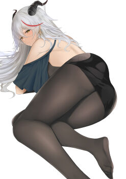 1girl absurdres aegir_(azur_lane) ass axicoi azur_lane bareback bodystocking cross cross_earrings demon_horns earrings from_behind hair_between_eyes hair_on_horn highres horns jewelry long_hair looking_at_viewer looking_back lying multicolored_hair on_side red_hair simple_background solo streaked_hair two-tone_hair white_background white_hair yellow_eyes