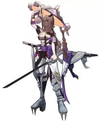 1girl alcohol animated arm_up armor breasts cleavage clothing_cutout cocomayo29_(tomato) full_body goddess_of_victory:_nikke gourd grey_hair haidate hat holding holding_weapon japanese_armor jingasa kote large_hat leotard live2d long_hair looking_at_viewer medium_breasts scarlet_(nikke) sheath shoulder_armor simple_background sode solo standing sword tagme video weapon white_background white_leotard