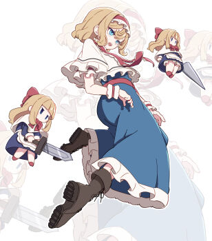 Rule 34 | 3girls, absurdres, alice margatroid, blonde hair, blue dress, blue eyes, boots, bow, bowtie, brown boots, capelet, commentary, dress, frilled capelet, frilled dress, frilled hairband, frills, full body, hair bow, hairband, highres, holding, holding sword, holding weapon, jitome, kame (kamepan44231), lace-up boots, multiple girls, open mouth, red bow, red bowtie, red hairband, red ribbon, red shoes, ribbon, shanghai doll, shoes, short hair, short sleeves, simple background, sword, touhou, waist ribbon, weapon, white background, white capelet, wrist cuffs, zoom layer
