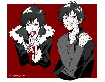1boy arm_up arms_up bandaged_hand bandaged_neck bandages blood blood_from_mouth blood_on_face border closed_mouth commentary durarara!! fur-trimmed_hood fur-trimmed_sleeves fur_trim gauze gauze_on_cheek hand_on_own_shoulder highres hood hooded_jacket injury jacket jewelry looking_at_viewer looking_to_the_side male_focus multiple_views nosebleed orihara_izaya parted_bangs parted_hair parted_lips red_eyes ring smirk sweat symbol-only_commentary twitter_username v-neck white_border zayaaa_zaya