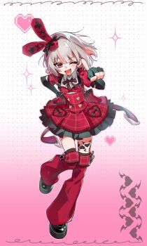 1girl ;d aliang4387 back_bow black_bow black_gloves black_shoes black_thighhighs blunt_bangs blush bob_cut bow bowtie buttons center_frills collar colored_inner_hair dress elbow_gloves fang fingerless_gloves floating_hair frilled_dress frills full_body gloves gradient_background grey_hair hand_on_own_hip hat hat_bow heart heart_button heart_o-ring highres idol_clothes layered_dress leg_tattoo leg_warmers looking_at_viewer makaino_ririmu medium_hair mini_hat multicolored_hair nijisanji o-ring official_alternate_costume official_alternate_hairstyle one_eye_closed open_mouth pink_background pink_hair plaid_clothes plaid_dress plaid_sleeves platform_shoes pointing pointing_at_viewer polka_dot polka_dot_background puffy_short_sleeves puffy_sleeves rabbit_ear_headwear red_bow red_bowtie red_dress red_eyes red_leg_warmers red_sleeves shoes short_dress short_sleeves shoulder_strap skin_fang smile solo standing standing_on_one_leg streaked_hair tattoo thighhighs virtual_youtuber white_background white_collar winged_heart winged_heart_tattoo