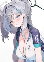 Rule 34 | 1girl, absurdres, ahoge, alternate hairstyle, animal ear fluff, animal ears, bike jersey, black halo, blue archive, blue eyes, blush, breasts, broken halo, cleavage, clothes writing, cosplay, cross, cross hair ornament, cycling uniform, dark halo, extra ears, grey hair, hair ornament, halo, highres, inverted cross, kuroshiro kanae, large breasts, long hair, looking at viewer, mismatched pupils, open clothes, ponytail, shiroko (blue archive), shiroko (cycling) (blue archive), shiroko (cycling) (blue archive) (cosplay), shiroko terror (blue archive), smile, solo, sportswear, unzipped, wolf ears, wolf girl
