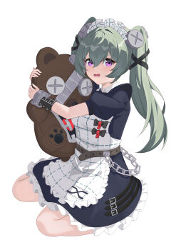1girl absurdres apron belt black_dress chain corin_wickes cuffs dress green_hair hair_between_eyes highres hugging_doll hugging_object kurosti long_hair looking_at_viewer maid maid_apron maid_headdress puffy_short_sleeves puffy_sleeves purple_eyes screw_hair_ornament short_sleeves simple_background solo stuffed_animal stuffed_toy teddy_bear twintails white_background zenless_zone_zero