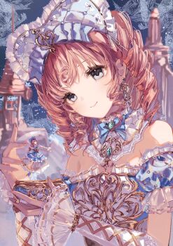 1girl aqua_gemstone argyle_clothes argyle_sleeves bare_shoulders beads blue_background blue_bonnet blue_bow blue_bowtie blue_dress blue_sleeves bonnet bow bowtie brooch classic_lolita closed_mouth collar commentary cross-laced_armwear curly_hair detached_collar detached_sleeves dot_nose dress drill_hair english_commentary eyelashes fortissimo frilled_arm_warmers frilled_collar frilled_dress frilled_headwear frilled_sleeves frills gem gold_necklace grey_eyes hair_bow hair_ornament happy hat hat_ribbon head_tilt heart-shaped_bonnet high_collar holding holding_snow_globe infinity_nikki jewelry light_blush lips lolita_fashion looking_at_viewer medium_hair musical_note musical_note_hair_ornament necklace nikki_(series) orange_hair pillar puffy_short_sleeves puffy_sleeves ribbon ringlets ringo_no_usagi see-through_arm_warmers see-through_clothes short_sleeves smile snow_globe snowing solo strapless strapless_dress timeless_melody_(infinity_nikki) upper_body white_arm_warmers white_collar white_ribbon winding_key