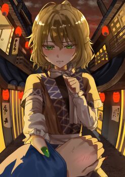 2girls absurdres architecture arm_warmers black_skirt blonde_hair blush brown_shirt commentary_request east_asian_architecture female_pov fingernails green_eyes green_nails highres hoshiguma_yuugi hoshiguma_yuugi_(kimono) karubo_100sei lantern looking_at_viewer mizuhashi_parsee multiple_girls outdoors paper_lantern pov sash scarf shirt short_hair short_sleeves skirt sleeve_pull solo_focus touhou undershirt upper_body white_sash white_scarf