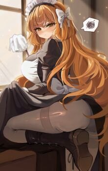 Rule 34 | 1girl, absurdres, apron, ass, black boots, black dress, blush, boots, bow, breasts, brown eyes, brown pantyhose, closed mouth, clothes lift, commentary, dress, dress lift, freckles, hair between eyes, hair bow, highres, indoors, ishmael (project moon), juliet sleeves, large breasts, light particles, limbus company, long sleeves, looking at viewer, maid, maid apron, maid headdress, orange hair, pantyhose, project moon, puffy sleeves, saeda8e, skirt hold, solo, spoken squiggle, squiggle, thighband pantyhose, v-shaped eyebrows, white apron, white bow, white headdress, window