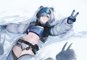Rule 34 | 1girl, absurdres, animal ears, arknights, arknights: endfield, aurora (arknights), bear ears, bear girl, blue eyes, breasts, commentary request, eugle na, goggles, goggles on head, grey hair, highres, medium breasts, medium hair, navel, snowshine (arknights), solo, thighs, v