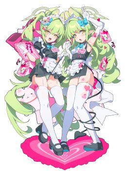 2girls :d absurdres animal_ears apron arm_up armpits black_dress blue_archive blue_bow blush bow bowtie breasts demon_tail dress fang frilled_apron frills full_body garter_straps gloves green_hair hair_ornament hairclip halo heart highres hikari_(blue_archive) holding long_hair looking_at_viewer maid maid_apron maid_headdress multiple_girls name_tag nozomi_(blue_archive) open_mouth panties pillow pointy_ears puffy_short_sleeves puffy_sleeves shoes short_sleeves sleeveless small_breasts smile sweat tail tanghulu_(bbbb1123112) thighhighs underwear v very_long_hair waist_apron white_apron white_background white_gloves white_thighhighs yellow_eyes