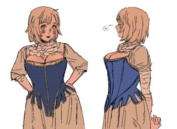 1girl aliasing blonde_hair blush bob_cut breasts chemise cleavage dress dungeon_meshi facing_viewer falin_touden falin_touden_(chimera) feathers from_side hands_on_own_hips large_breasts medium_hair multiple_views open_mouth rivaeri upper_body white_background yellow_eyes