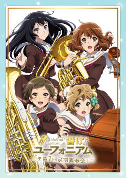 Rule 34 | 4girls, absurdres, artist request, black hair, blonde hair, bow, brown hair, double bass, euphonium, fluffy hair, hair bow, hair ornament, hairclip, hibike! euphonium, highres, holding, holding instrument, instrument, katou hazuki, kawashima sapphire, kousaka reina, long hair, looking at viewer, multiple girls, official art, oumae kumiko, purple eyes, school uniform, short hair, smile, trumpet, tuba, yellow eyes