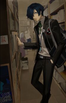 1boy bag black_bag black_jacket black_pantyhose blue_eyes blue_hair bookshelf bunkichi_(persona_3) closed_mouth collared_shirt earphones gekkoukan_high_school_uniform green_ribbon hair_over_one_eye hand_in_pocket hashtag-only_commentary highres jacket library male_focus neck_ribbon pantyhose persona persona_3 persona_3_reload ribbon school_uniform shirt short_hair shoulder_bag white_shirt wz_(woyzeck) yuuki_makoto_(persona_3)