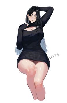 1girl absurdres black_dress black_hair blush breasts cleavage_cutout clothing_cutout dated dress earrings hand_on_own_head highres jewelry large_breasts long_hair long_sleeves looking_at_viewer mole mole_on_breast nadainishi original ribbed_dress simple_background sleeves_past_wrists smile solo white_background