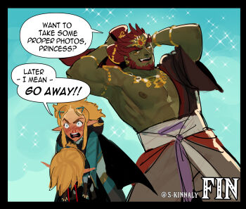 1girl 2boys asymmetrical_clothes beard blue_eyes blue_sky blue_tunic blush braid brown_gloves cape champion's_tunic_(zelda) colored_skin comic constricted_pupils crown_braid dark-skinned_male dark_skin dilated_pupils english_text facial_hair fang fingerless_gloves flexing forehead_jewel full-face_blush ganondorf gerudo gloves green_skin hair_ornament hairclip heart height_difference highres holding hood hooded_cape jewelry leather leather_gloves link multiple_boys muscular muscular_male nintendo open_mouth pointy_ears ponytail princess_zelda red_hair ring sara_kinnaly sash short_hair short_ponytail shouting sidelocks single_bare_shoulder sky smug sparkle speech_bubble sword the_legend_of_zelda the_legend_of_zelda:_tears_of_the_kingdom tunic unconscious weapon white_sash