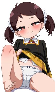 absurdres bad_tag becky_blackbell blush brown_eyes brown_hair eden_academy_school_uniform feet female_focus hair_ornament hairclip heart heart-shaped_pupils highres hikari_(artist) loli looking_at_viewer mesugaki navel panties school_uniform short_twintails simple_background sitting smile spy_x_family stomach symbol-shaped_pupils thighs toes twintails underwear white_background white_panties