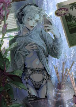 1girl aaakokoro arm_up artist_name backlighting baggy_clothes bedroom black_panties breasts brown_lips clothes_lift commentary condensation cowboy_shot curtains dark day diffraction_spikes english_commentary garter_belt garter_straps grey_hair groin hand_up headphones highres holding holding_phone indoors lace lace_curtains lace_panties lingerie lips lipstick looking_at_phone makeup mirror_selfie navel no_bra no_pants nose on_bed original panties parted_lips phone plant poster_(object) potted_plant reed_diffuser reflection reflection_focus selfie shirt_lift sitting solo stomach subsurface_scattering thighs_together underboob underwear white_nails window_blinds wolf_cut