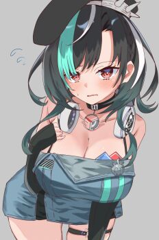 Rule 34 | 1girl, bare shoulders, beret, black choker, black hair, black hat, blush, breasts, choker, cleavage, commentary request, cowboy shot, detached sleeves, dress, earl grey no chaba, embarrassed, grey background, hat, headphones, headphones around neck, highres, hololive, hololive dev is, huge breasts, leaning forward, multicolored hair, o-ring, o-ring thigh strap, official alternate costume, red eyes, rindo chihaya, rindo chihaya (holonatsu paradise), single thighhigh, sleeveless, sleeveless dress, spaghetti strap, streaked hair, sweatdrop, thigh strap, thighhighs, virtual youtuber, white hair