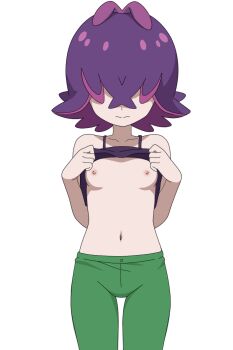 1girl antenna_hair breasts closed_mouth clothes_lift collarbone commentary dot_(pokemon) facing_viewer green_pants hair_over_eyes hands_up highres mnkr98 navel nintendo nipples pants pokemon pokemon_(anime) pokemon_horizons purple_hair purple_shirt shirt shirt_lift short_hair simple_background solo split_mouth white_background