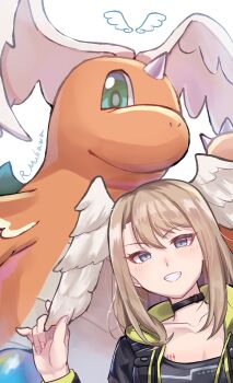 1girl asymmetrical_bangs black_choker blue_eyes brown_hair choker collarbone commentary dragonite eunie_(xenoblade) gen_1_pokemon green_eyes green_pupils hair_between_eyes head_wings highres horns laolin_nla long_hair looking_at_viewer mega_dragonite mega_pokemon nintendo parted_bangs pokemon pokemon_(creature) single_horn smile solo symbol-only_commentary trait_connection white_background wings xenoblade_chronicles_(series) xenoblade_chronicles_3