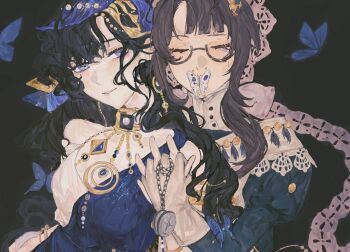 black_hair brown_hair bug butterfly closed_eyes dress frills glasses gloves green_dress highres holding_hands insect isolde_(reverse:1999) jewelry kakania_(reverse:1999) necklace nnuya purple_eyes reverse:1999 white_gloves yuri