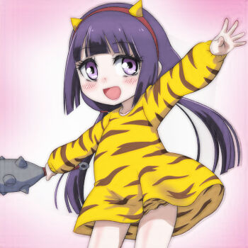 1girl animal_print blush club club_(weapon) collarbone demon_girl demon_horns dress fake_horns flat_chest heart heart_in_eye holding_club holding_weapon horns kaya-chan_wa_kowakunai loli long_hair long_sleeves looking_at_viewer low_twintails oni open_mouth orange_dress orange_panties panties panty_peek pink_background print_dress print_panties purple_eyes purple_hair satou_kaya setsubun smile spiked_club standing symbol_in_eye t_jiroo_(ringofriend) tiger_print twintails underwear weapon wind wind_lift