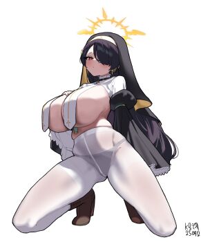 1girl absurdres black_hair black_sleeves black_veil blue_archive blush boots breast_curtains breasts brown_boots choker closed_mouth cross cross_choker cross_earrings earrings hair_over_one_eye halo hand_on_own_chest high_heel_boots high_heels highres hinata_(blue_archive) huge_breasts jewelry kneeling long_hair looking_at_viewer myeolchi panties panties_under_pantyhose pantyhose red_eyes shrug_(clothing) solo underwear veil white_pantyhose white_shrug yellow_halo