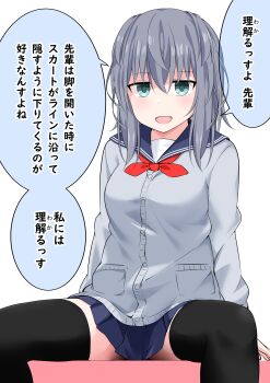1girl absurdres aqua_eyes breasts highres jitome kuromiya_sakana large_breasts original school_uniform sitting solo spread_legs thighhighs translated white_background