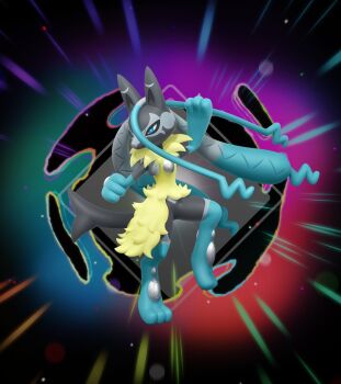 1other 3d animal_ears black_fur blue_eyes blue_fur body_fur full_body furry gen_4_pokemon highres lucario mega_lucario_z mega_pokemon multicolored_fur nintendo official_art pokemon pokemon_(creature) pokemon_focus pokemon_legends:_z-a solo tail yellow_fur