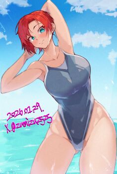 Rule 34 | 1girl, absurdres, adversarial noise, aqua eyes, armpits, arms up, blue one-piece swimsuit, blue sky, blush, boudica (fate), breasts, bright pupils, closed mouth, cloud, collarbone, commentary request, dated, day, eyelashes, fate/grand order, fate (series), gluteal fold, highleg, highleg one-piece swimsuit, highres, one-piece swimsuit, outdoors, red hair, short hair, sky, smile, solo, swimsuit, thighs, twitter username, water, white pupils, zumizu
