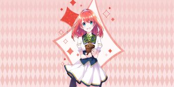 Rule 34 | 1girl, :d, argyle background, blue eyes, blush, breasts, cowboy shot, dot nose, dress, flower pot, game cg, highres, holding, holding flower pot, lapis re:lights, looking at viewer, medium breasts, medium hair, official art, open mouth, pink background, plant, potted plant, red hair, school uniform, short sleeves, smile, solo, sparkle background, swept bangs, teeth, third-party source, tiara, tiara (lapis re:lights), upper teeth only, white dress