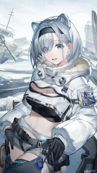 Rule 34 | 1girl, absurdres, animal ear fluff, animal ears, arknights, aurora (arknights), ballistic shield, bikini, bikini top only, black bikini, black gloves, black thighhighs, blue eyes, breasts, cleavage, cleavage cutout, clothing cutout, commentary, cropped jacket, extra ears, eyes visible through hair, gloves, grey shorts, hair over one eye, highres, hokago-tt, jacket, large breasts, looking at viewer, making-of availabl, shield, ship, short hair, short shorts, shorts, snow, solo, swimsuit, thighhighs, untranslatable commentary, watercraft, white hair, white jacket