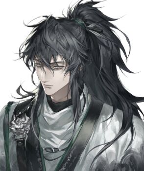 1boy black_hair black_shirt chhiii_o_o chinese_clothes closed_mouth grey_eyes hair_between_eyes hashtag-only_commentary layered_clothes male_focus ponytail qiuyuan_(wuthering_waves) shirt simple_background solo upper_body white_background white_shirt wuthering_waves