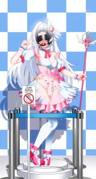 1boy absurdres ball_gag blue_archive blush bound bustier checkered_background choker commission corset cosplay crescent crescent_hair_ornament gag grey_wings hair_ornament halo head_wings heart highres holding holding_staff kigurumi lock mage_staff magical_girl maguro27 mascot_costume pantyhose pink_corset pink_halo pixiv_commission restrained sensei_(blue_archive) sex_toy sign single_hair_intake single_head_wing single_wing smile staff stealth_bondage suzumi_(blue_archive) suzumi_(blue_archive)_(cosplay) suzumi_(magical)_(blue_archive) translation_request twitching v vibrator warning_sign watermark white_pantyhose wing_ornament wings