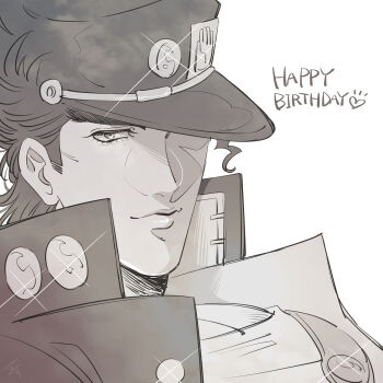 1boy black_coat black_hat buttons coat commentary commentary_request english_text eyelashes flat_color furrowed_brow gakuran glint greyscale happy_birthday hat highres jacket jojo_no_kimyou_na_bouken kuujou_joutarou limited_palette looking_at_viewer male_focus medium_hair monochrome one_eye_in_shadow open_clothes open_coat pectoral_cleavage pectorals portrait school_uniform sideburns sketch smirk thick_eyebrows white_background zeus_(zearth1996)