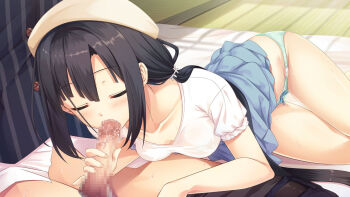 Rule 34 | 1boy, 1girl, black hair, blush, breasts, closed eyes, clothed sex, clothes lift, fellatio, flat (company), hat, hayase fukami, hetero, maitetsu, oral, panties, skirt, skirt lift, small breasts, twintails, underwear
