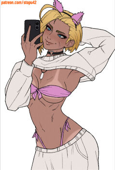 1girl ahoge animal_ear_hairband animal_ears arm_behind_head armpits bikini black_choker blonde_hair blue_eyes blush breasts cammy_white cat_ears cellphone choker closed_mouth cowboy_shot eyelashes facial_scar fake_animal_ears gyaru hairband hand_up heart heart_choker highres holding holding_phone long_sleeves looking_at_phone medium_breasts navel nose patreon_username phone pink_bikini scar scar_on_cheek scar_on_face selfie short_hair shorts simple_background smartphone smile solo stopu street_fighter street_fighter_6 swimsuit tan tanline underboob white_background white_shorts white_sleeves