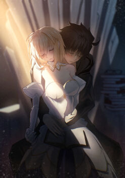 1boy 1girl absurdres ahoge alternate_costume archetype_earth archetype_earth_(cosplay) arcueid_brunestud bare_shoulders black_hair black_hoodie blonde_hair blush book breasts cleavage closed_eyes cosplay couple detached_sleeves dress from_behind gold_trim hair_intakes hair_ornament highres hood hoodie hug indoors millennium_castle_(tsukihime) open_book short_hair sitting sitting_on_lap sitting_on_person sleeping sleeping_on_person smile throne tohno_shiki toomishou tsukihime tsukihime_(remake) white_dress